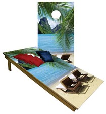 Beach CORNHOLE BEANBAG TOSS GAME w Bags Game Boards Tropical Island Sand Set