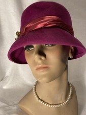  7 VINTAGE Fuchsia Pink Womens Hat Ribbon Rhinestone Glenover Fawntra Felt