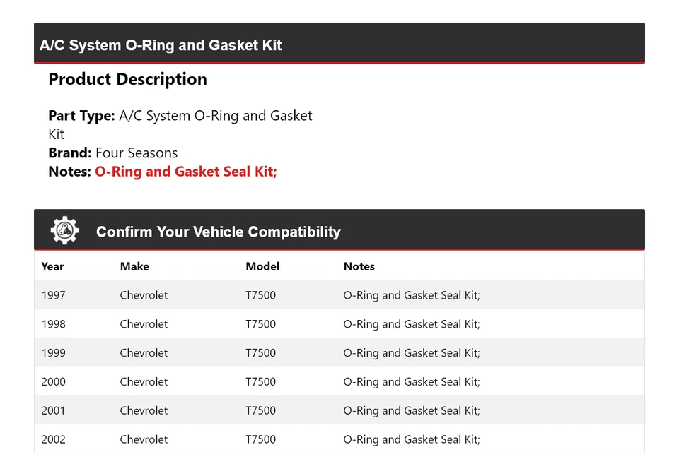 Para 1997-2002 Chevrolet T7500 A/C System O-Ring e kit de junta 4 temporadas 1998 - Imagem 2 de 4