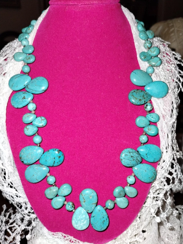 Vintage Turquoise Teardrop Cut & Polished 18" W/SilverTone SpacerBeads :) Lovely