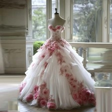Off Shoulder Pink White Wedding Dresses Pleated Lace 3D Flowers Bridal Gowns