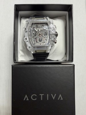 Activa Men's Skeleton Chronograph Quartz Watch Clear Case Black Silicone Band