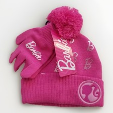 Barbie pink girls Beanie hat gloves set snow winter ski embroidery logo