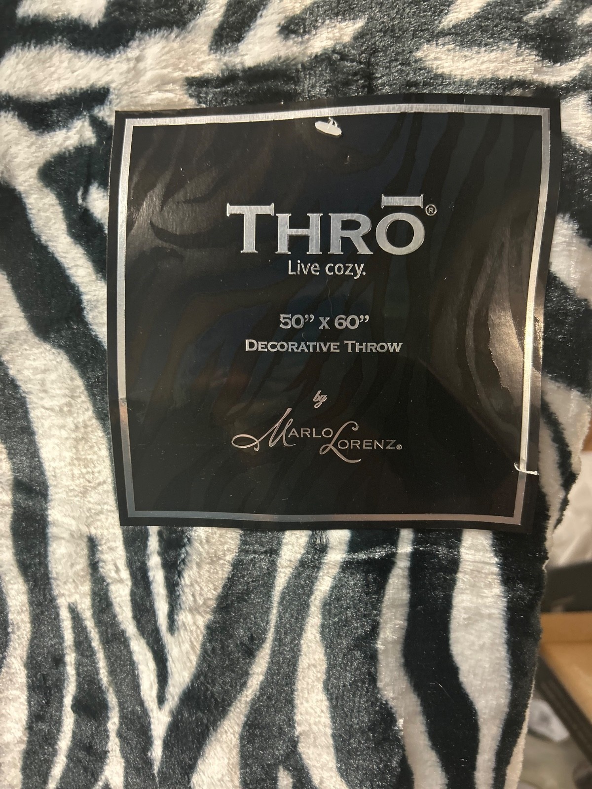 Thro Live Cozy 50"X60" Velvet Back Throw By Marlo Lorenz Zebra Black 1407 NWT