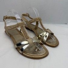 Gold Silver Metallic Rhinestone T-Strap Flat Sandals Ankle Strap Shimmer