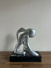 Abstract Mid Century Modern Silver Metal Sculpture Artist Signed Israel On Base