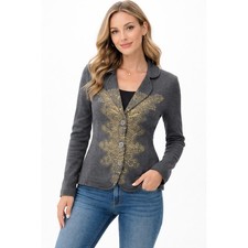 Peruvian Connection Gray Pima Cotton Knit Blazer Gold Intarsia Jacket Small