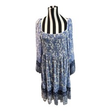 Maison Tara Blue Floral Smocked Dress 18W Long Sleeve Boho Midi Plus Size