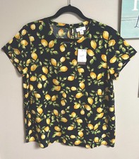 NWT J. Jill Top Blouse Shirt Womens M Medium Short Sl Navy Blue Yellow Lemons