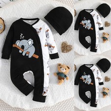 Newborn Baby Boys Cartoon Printed Jumpsuit Playsuit Romper Hat Cap Outfit Set