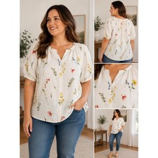Daniel Rainn Floral Rayon Linen Blouse V-Neck...