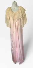 Vtg 70s Mary Jane Lingerie Peignoir Set Lace Trim S Pink Bow Nightgown Robe USA