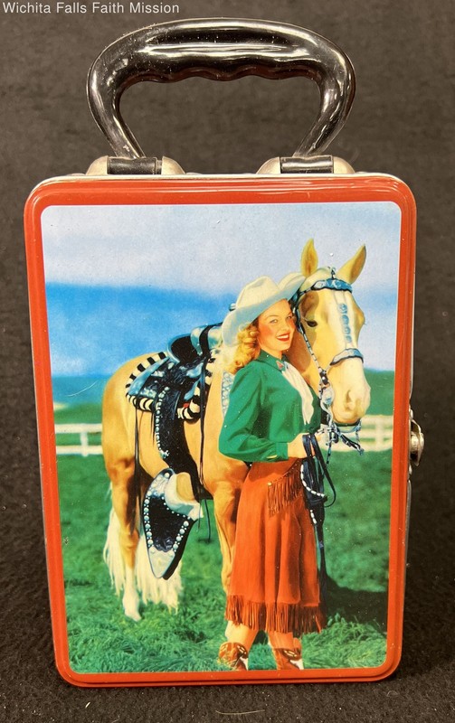Tin Lunchbox Western Cowgirl Horse Scene Metal Storage Container Red Trim
