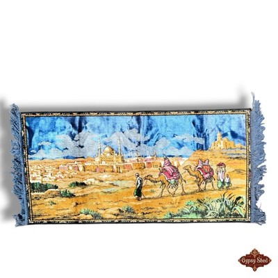 Middle Eastern Camel Caravan Velvet Tapestry Wall Hanging Art Blue/Gold Stunning