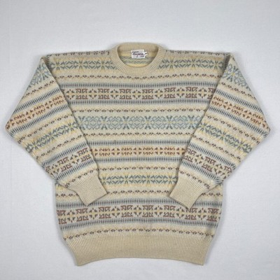 VTG Cubus Shetland Wool Sweater Mens XL Ivory Fair Isle Crew Grandpa Jumper 90s