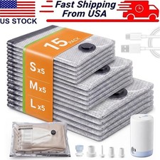 15 Pack Travel Vacuum Bags w/ Rechargeable Pump Compression Clothes Organization