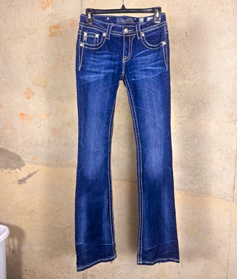 Miss Me Women's Bootcut Jeans Dark Wash Blue Denim Stretch 5-Pocket Fleur-de-lis