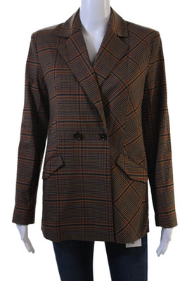 French Connection Women Brown Plaid Collared Blazer Button Long Sleeve Size 2XS