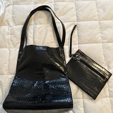 GBini Faux Crocodile Print Black Tote Bag w/Matching Wristlet or Wallet, NWOT