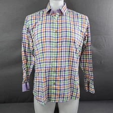 Jared Lang Men Shirt Large Blue Orange Check Contrast Cuff Preppy Classic Casual