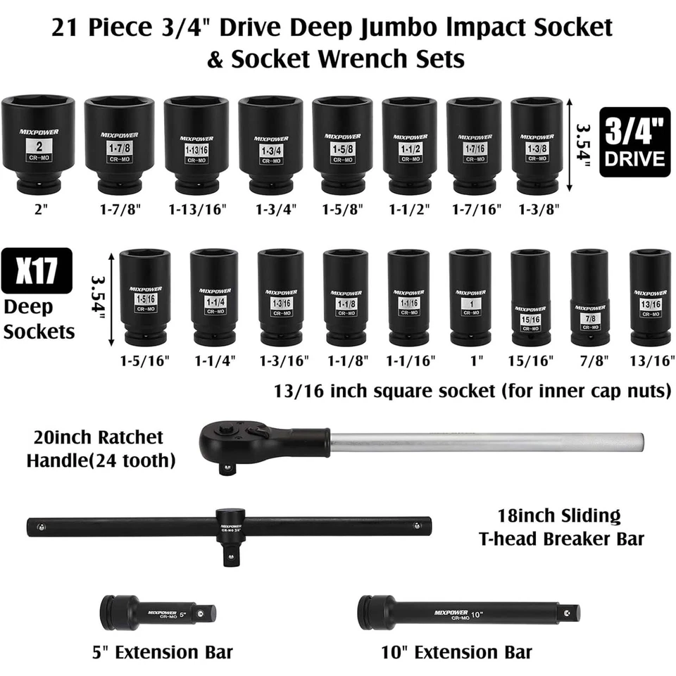 21 PCS 3/4'' Drive Deep Jumbo Impact Socket Set,SAE(7/8''-2''),6 Point,Ratchet - Image 2 of 4
