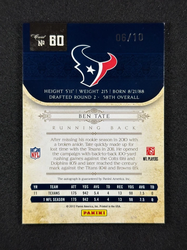 2011 National Treasures Century Signatures Auto Black #60 Ben Tate /10 Texans - Image 2 of 2