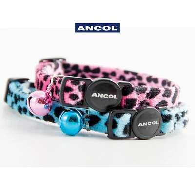 Hebilla de seguridad de terciopelo suave Ancol con estampado de leopardo y cuello de gato en turquesa o rosa