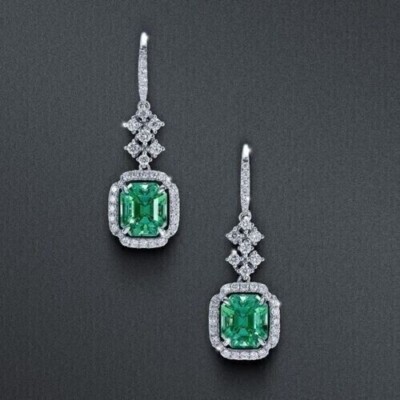 Emerald Cut Simulated Emerald Stunning Drop Dangle Earring 14k White Gold Plated