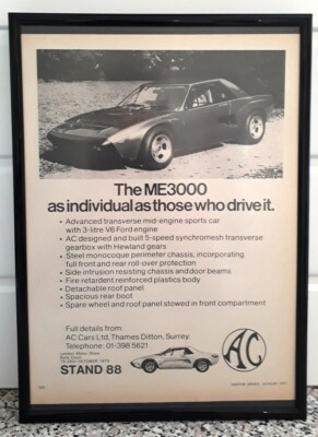 Framed original Classic Car Ad for AC ME3000 from 1975