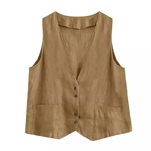 Mujeres Algodón Lino Sin Mangas Chaleco Abrigo Damas Botones Chaleco Informal Camiseta sin Mangas - Imagen 12 de 45