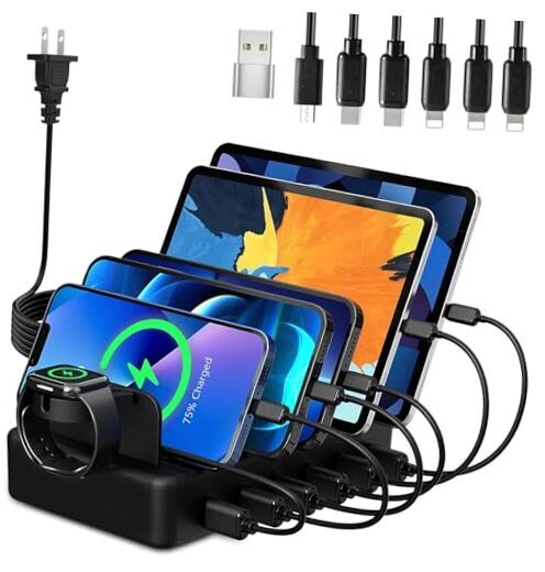 Charging Station for Multiple Devices,  50W 6 Ports USB Charger Station Black