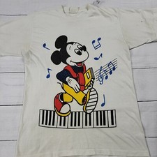 Rare Vintage 70s Disney MICKEY MOUSE T-Shirt White Single Stitch Piano Men's L