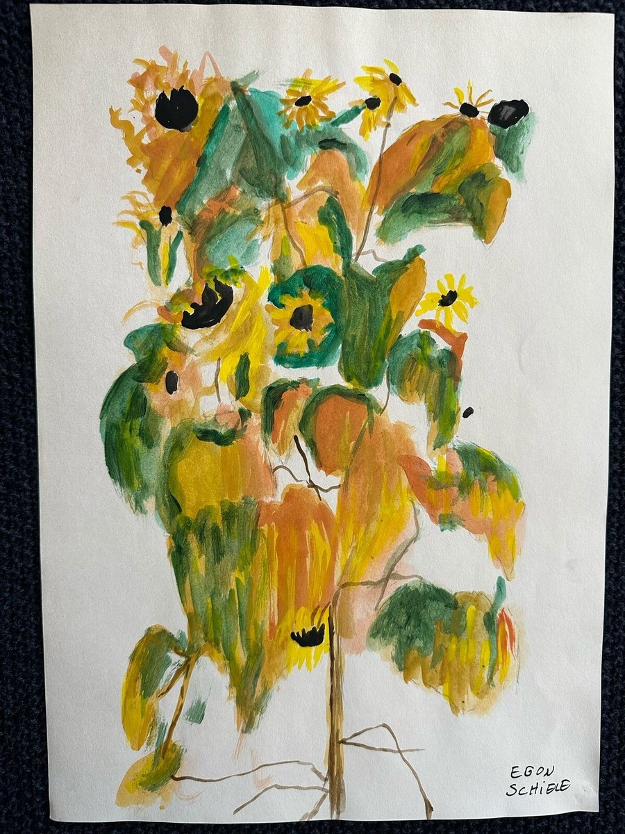 Egon Schiele drawing and painting on old paper signed stamped