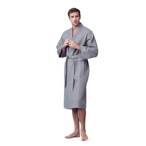 Bata de baño Lotus de lino para hombre con patrón cuadrado de gofres ropa de spa con 2 bolsillos delanteros - Imagen 25 de 95