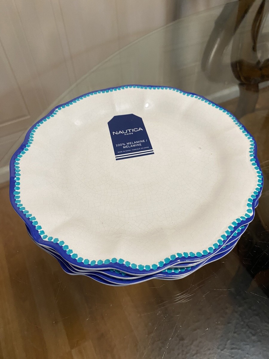Nautica Salad Plates Scalloped White Blue Set of Melamine