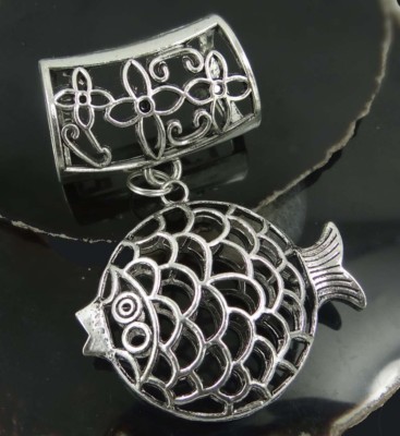 Scarf Pendant Silver Pewter Filigree Fish Slide Scarves