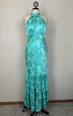 Saylor Everleigh Dress Sz M Prom Formal Halter Floral Satin Jacquard Ruffle NEW
