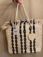 NWT Haute Hippie Beige Black Stripe Raffia Straw Tote Bag w/ Heart Keychain