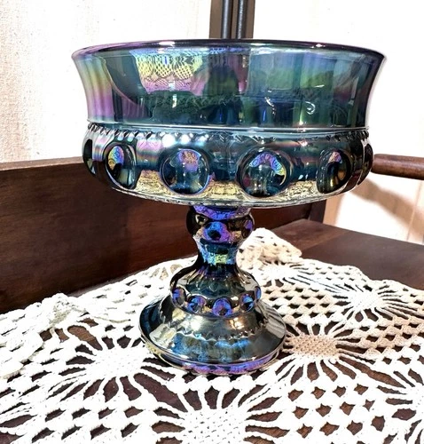 Indiana Glass Kings Crown Blue Carnival Glass Compote Pedestal Bowl