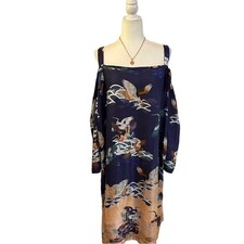 ASOS Navy Crane Print Off Shoulder Midi Dress Pockets Boho Resortwear 20