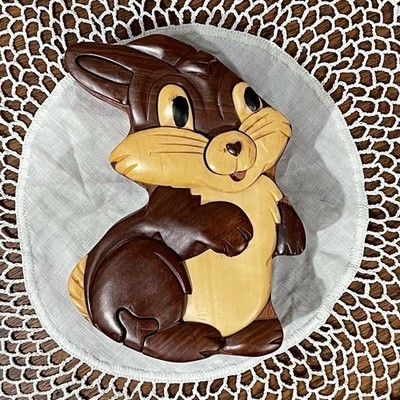 Bunny Rabbit Hand Crafted 3D Intarsia Wood Puzzle Box Trinkets Jewelry