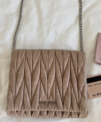 Mui Mui Small Leather Blush Crossbody Plisse Bag with Silver Chain.