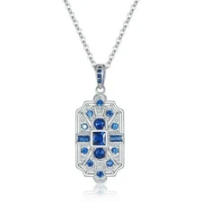 Silver Multi-Cut Blue Cubic Zirconia CZ Vintage Art Deco Style Pendant Necklace