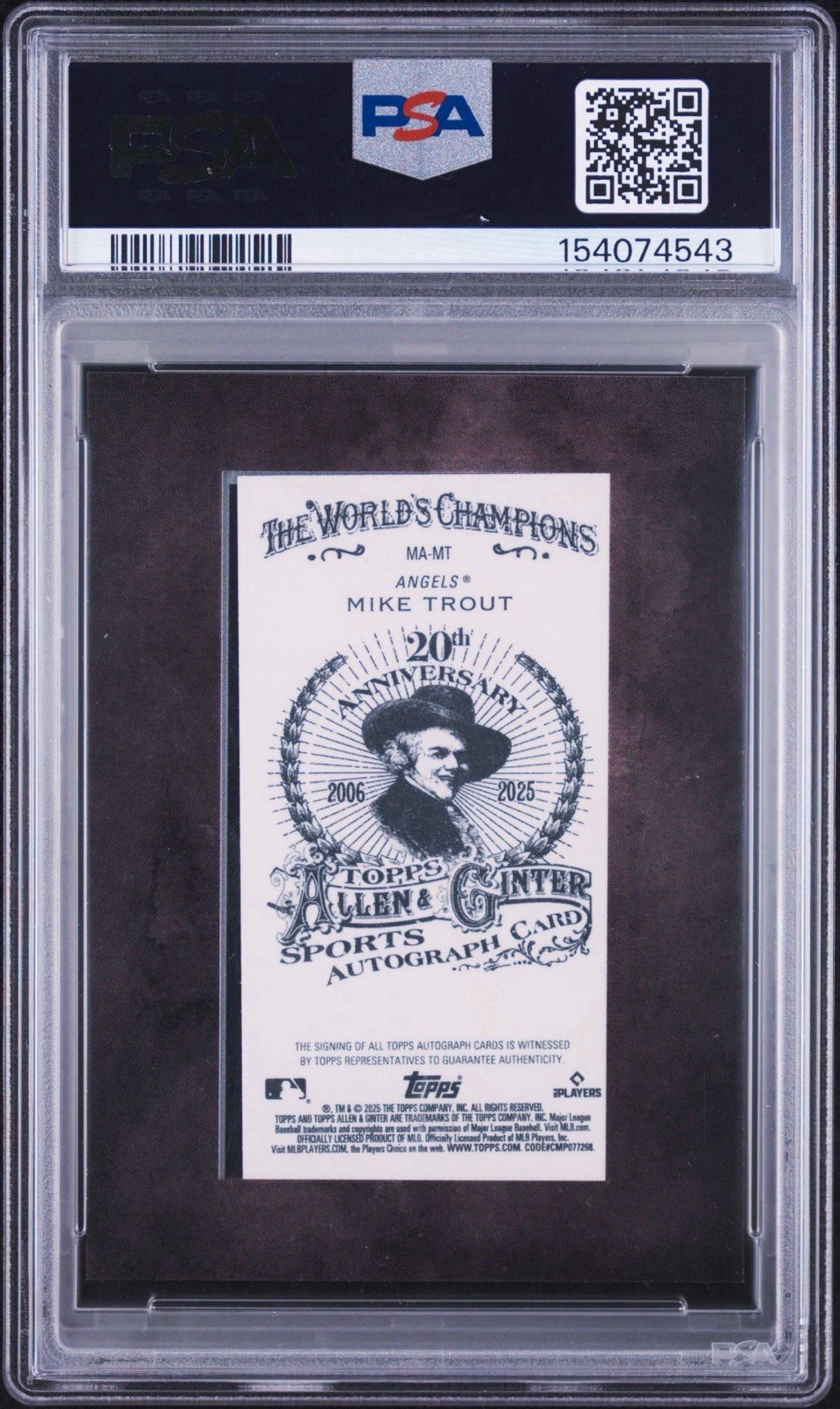 2025 Topps Allen & Ginter Mike Trout Black Frame Mini Auto /25 PSA Auth Auto 10 view 2