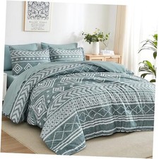 Boho Aztec Comforter Set Queen Size, Grayish Blue Comforter Bedding Set, 7