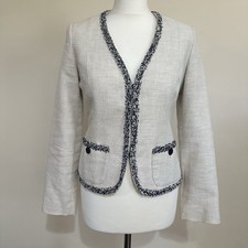 Weekend Max Mara Jacket UK 8 Light Beige Tweed Contrast Trim Cotton Linen Blazer