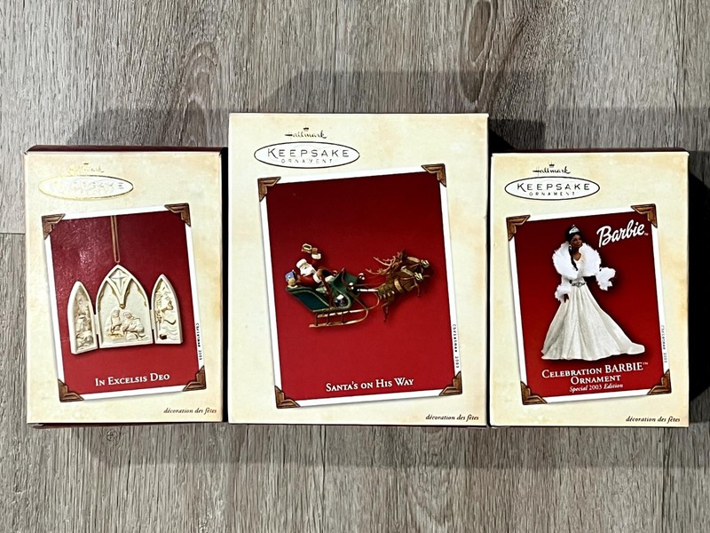 2003 Hallmark Lot of 3 SANTA & BARBIE Christmas Ornaments