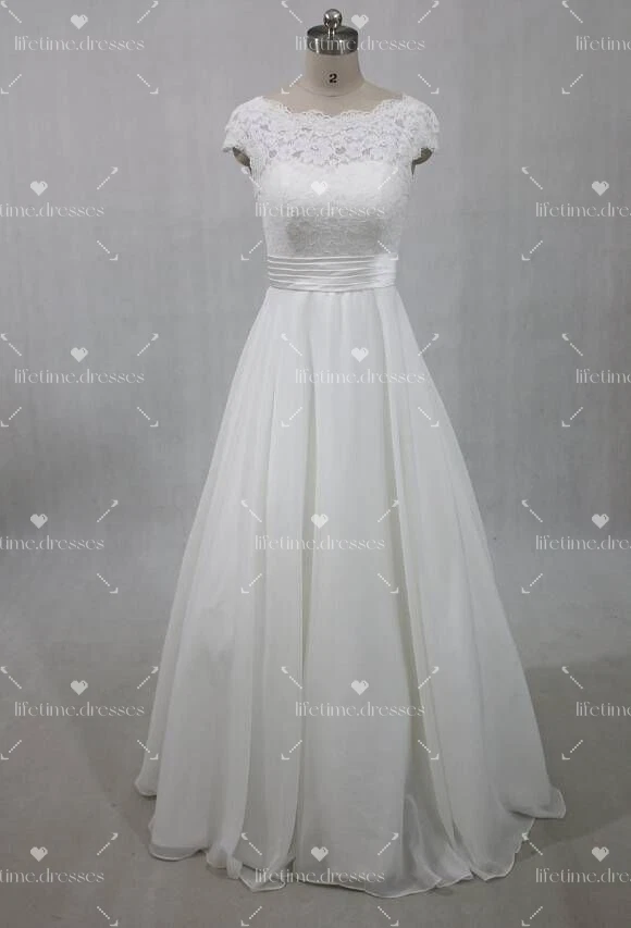 Vestidos de novia vintage línea A de gasa mangas cortas años 70 de encaje Foto 2 de 4