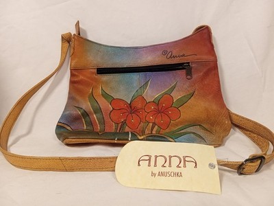 Anna by Anuschka 7002-FLB Hand Painted Leather Floral  Butterfly Crossbody Bag