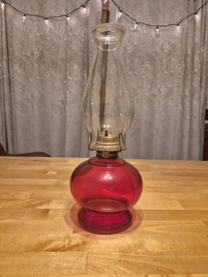 Vintage Red Ruby Flash Glass Oil Lamp W/Eagle Burner & Clear Glass Chimney 15''
